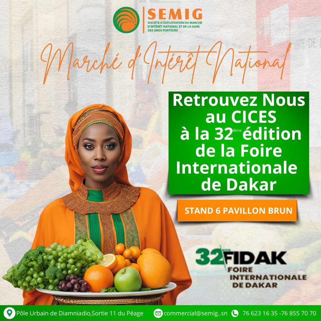 MIN_Diamniadio's tweet photo. 📢 Rendez-vous à la #FIDAK2024. 📢
Les équipes de la SEMIG SA vous attendent au Pavillon Brun pour échanger et partager avec vous.
Ne manquez pas l’occasion !
#semigsa #dolelmbaymi https://t.co/f1q6WLc9wA