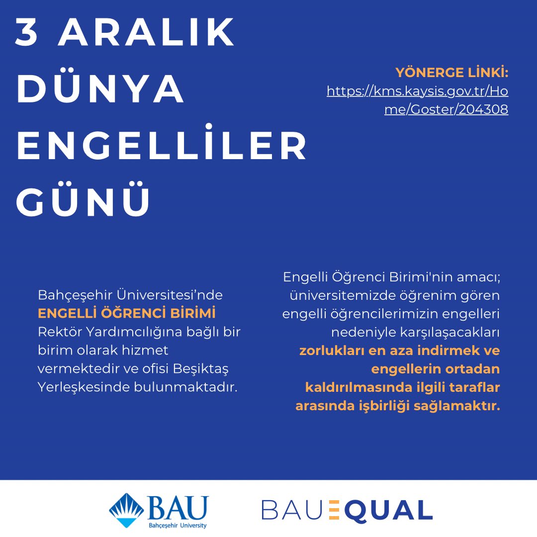 bau_equal's tweet photo. 3 ARALIK DÜNYA ENGELLİLER GÜNÜ

Bahçeşehir Üniversitesi Engelli Öğrencilere Yönelik Eğitim-Öğretim ve Sınav Tedbirlerine İlişkin Yönerge’nin yenilendiğini sizlere duyurmak isteriz. https://t.co/tyoJjP492z