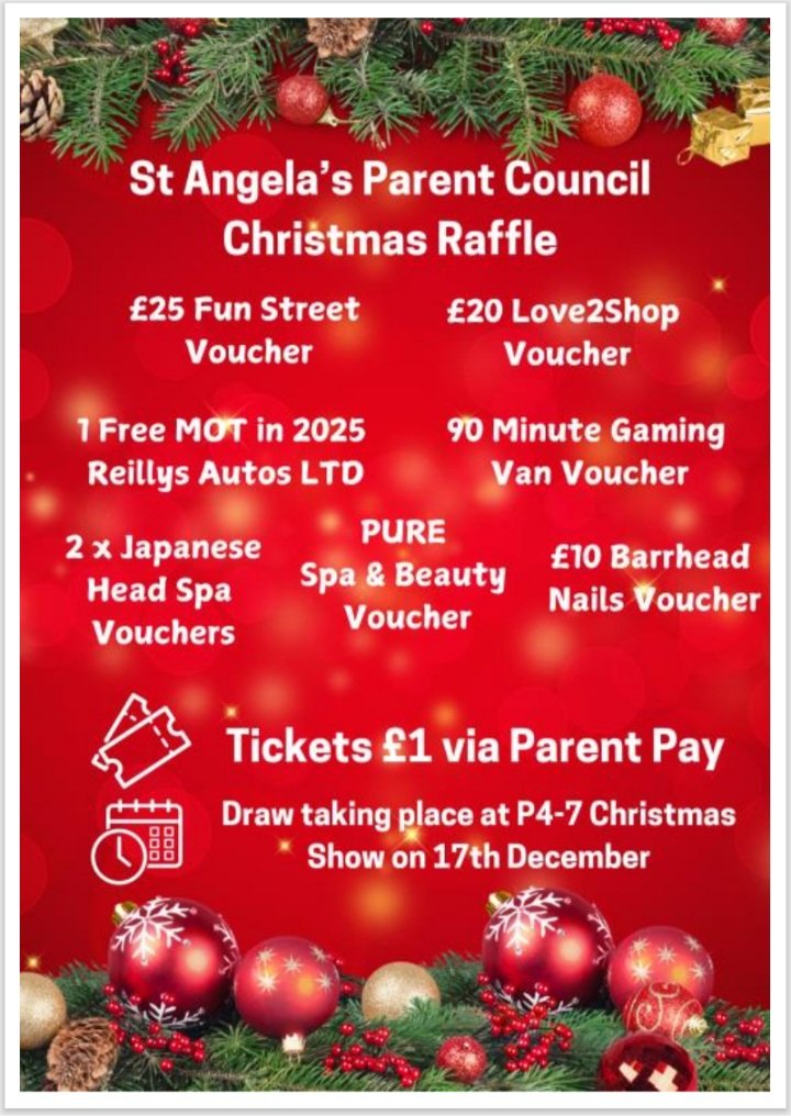 Tickets on sale for our Christmas Prize Draw through Parent Pay! 🏆🎟 All proceeds will go towards supporting the pupils and families of <a href="/St_Angelas_Pri/">St. Angela's Primary</a>.