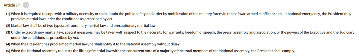 koryodynasty's tweet photo. Article 77 of Constitution allows president to declare martial law during wartime or equivalent national emergencies. Under current "extraordinary martial law" certain basic rights including press freedom, assembly, and association may be restricted. https://t.co/zpaGHEPutF