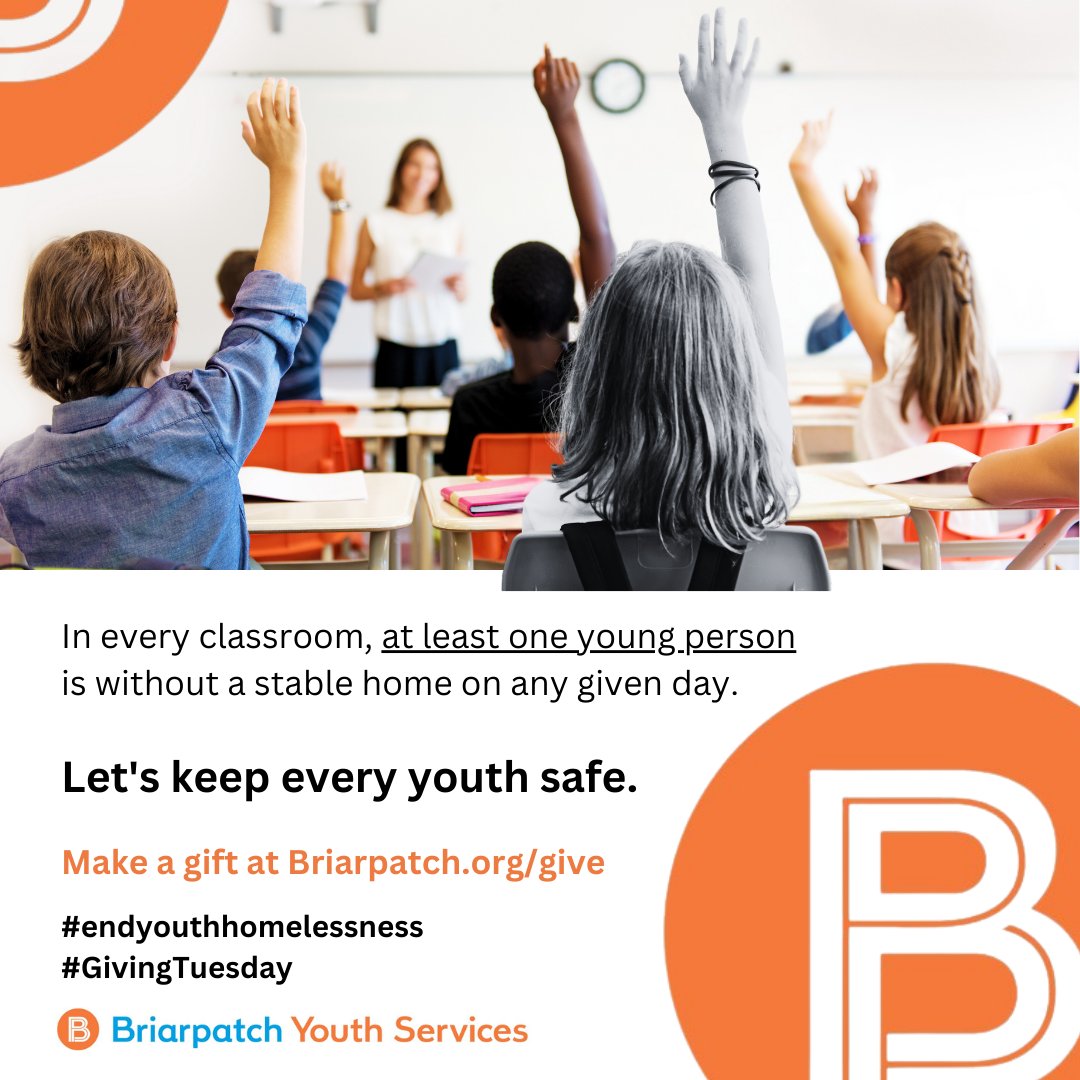 In every classroom, a hidden struggle. This #GivingTuesday, think of the youth in our community facing homelessness, especially as the weather grows cold. Briarpatch Youth Services provides critical support, but needs your help. Donate now: briarpatch.org/give