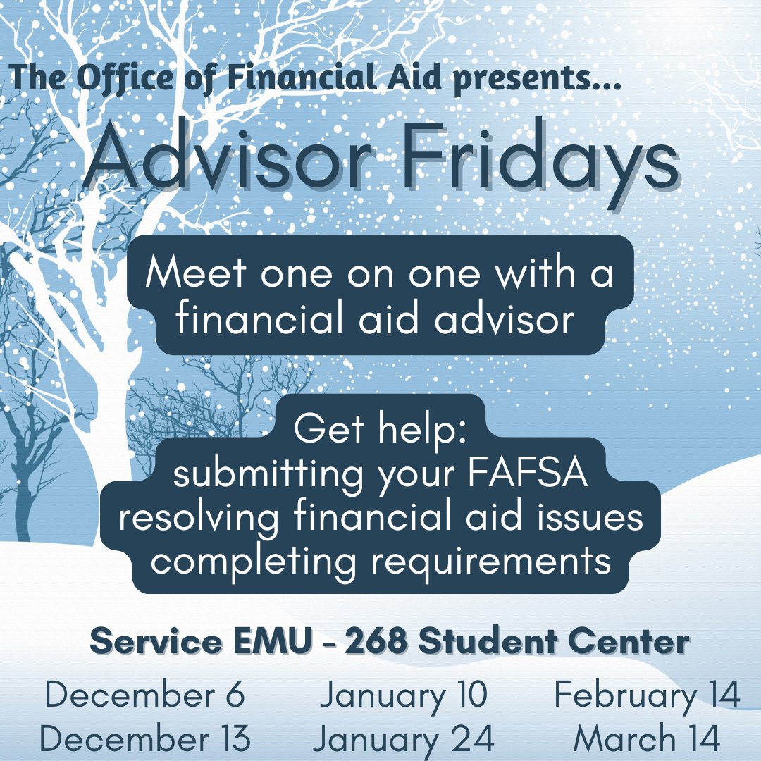 EMUFinancialAid's tweet photo. Need a bit of in-depth, one-on-one financial aid advising? We've scheduled six sessions to provide just that. Feel free to bring a parent or family member. Questions? 734.487.1048 https://t.co/B3U8F5xy5z