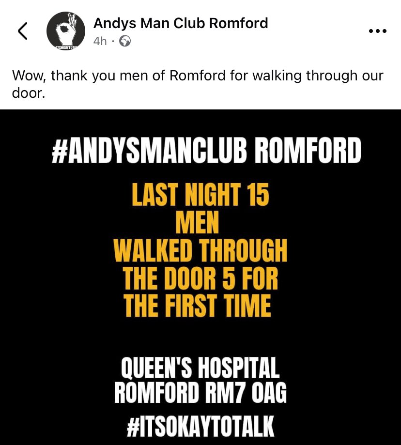 Very proud moment 🥳

5 guys attended last night who had not previously heard about Andy's Man Club before this club.

1 of which had actually been signposted to us by his Doctor at Queen's, which is amazing!

Next session: Monday 9th December, 7PM - 9PM at Queen's 👌