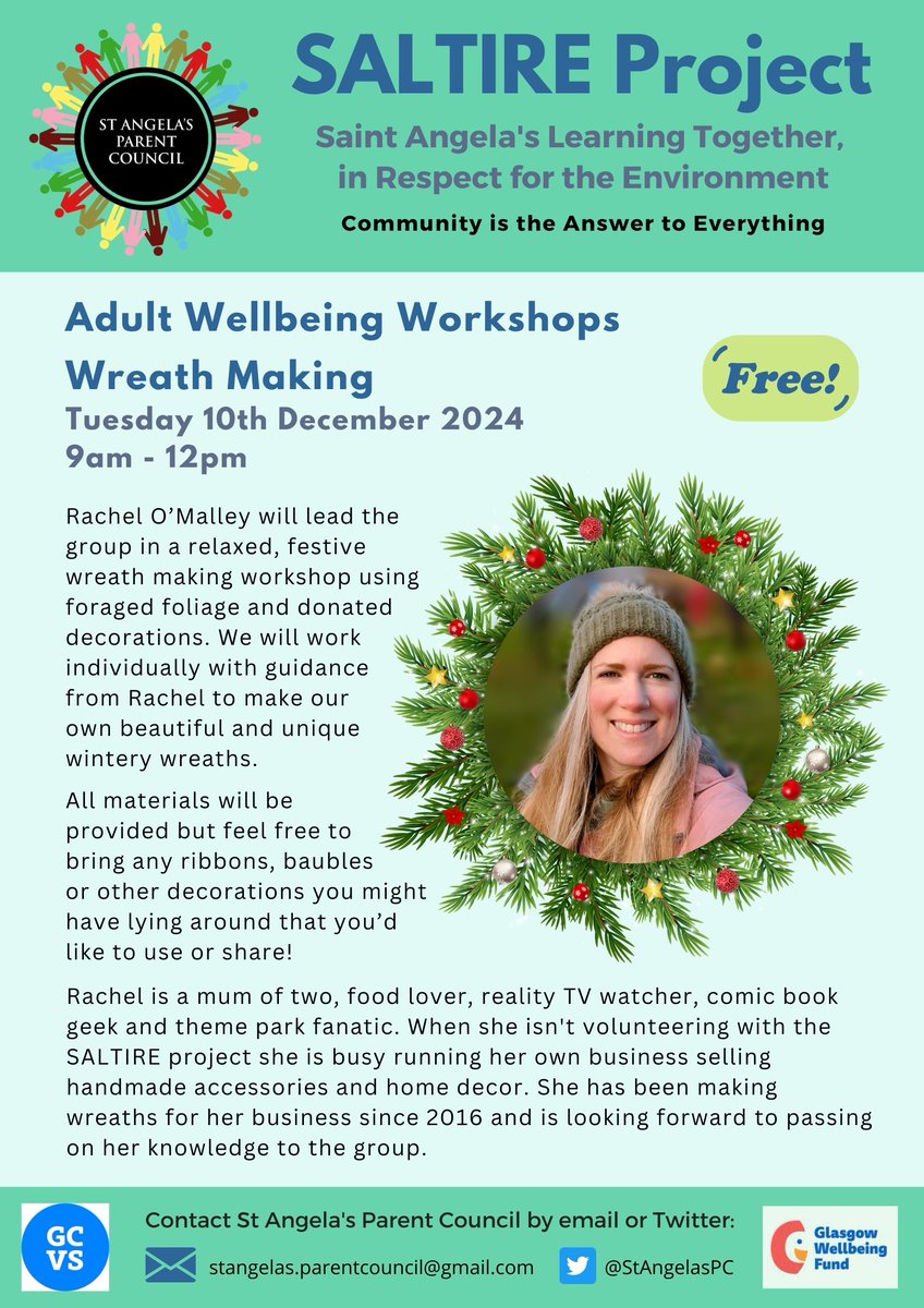 🎄  Winter Wreath-Making Workshop! 🎄 
We are excited to invite adults from <a href="/St_Angelas_Pri/">St. Angela's Primary</a> community to our next adult wellbeing workshop. Tue 10th Dec 9am - 12pm at the school. #StAngelasSALTIRE