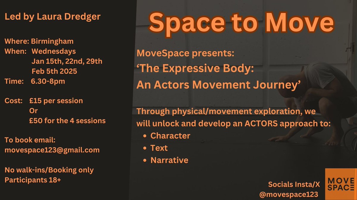 MoveSpace (@movespace123) on Twitter photo 🧡 Space to Move 🧡
Midlands Based Actors!
Unlock the power of movement in theatre, through embodied practice, movement connections and creative explorations. Transforming scripts into visual experiences, breathing life into characters and scenes!
Email movespace123@gmail.com 🧡 Space to Move 🧡
Midlands Based Actors!
Unlock the power of movement in theatre, through embodied practice, movement connections and creative explorations. Transforming scripts into visual experiences, breathing life into characters and scenes!
Email movespace123@gmail.com
