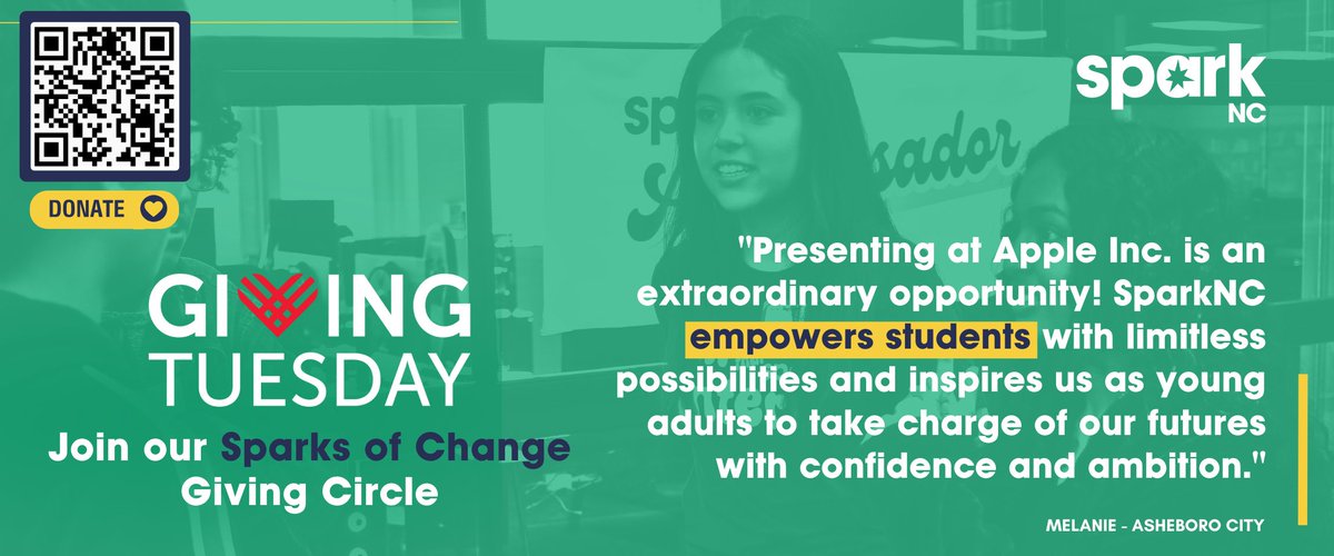 It’s #GivingTuesday!  Empower SparkScholars with hands-on learning and future-ready skills.  Your gift sparks change in the lives of learners! ✨Donate today! <a href="/lynn_moody/">Lynn Moody</a> 

Donate here: givebutter.com/sparknc24