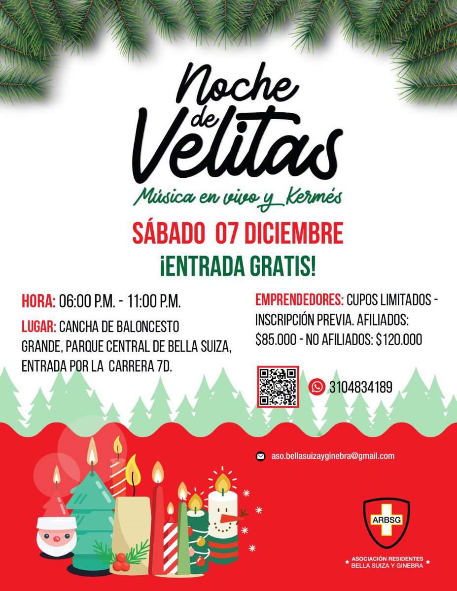 🕯️Noche de Velitas y Emprendimientos en Bella Suiza 🎄

Sábado 07 de diciembre
06:00 p.m.
Cancha Basket - Parque Principal Grande. 

Celebremos juntos esta fecha. 
¡Te esperamos con tu familia!
ARBSG 🇨🇭