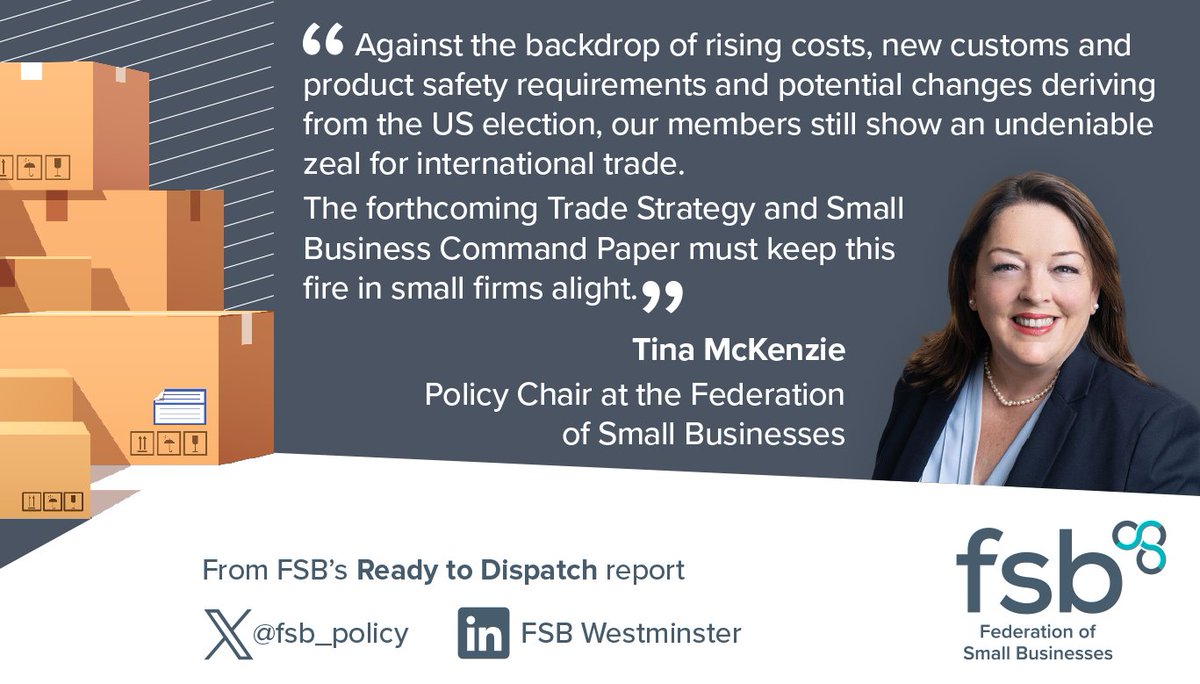 fsb_policy's tweet image. 🚛 Our new #ReadyToDispatch report calls on the Government to commit to measures that prioritise small exporters, and help unlock their untapped potential for growth ✈️

Read our  full report 🔗fsb.org.uk/resource-repor…