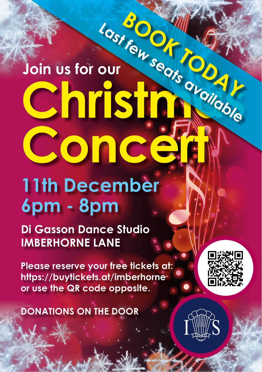 Join us for our Christmas Concert
11th December 6pm - 8pm
Di Gasson Dance Studio 
IMBERHORNE LANE

Please reserve your free tickets at:
buytickets.at/imberhorne