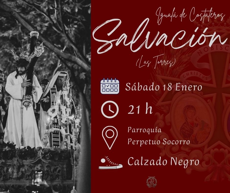 IGUALÁ SALVACIÓN 2025
Sábado 18 Enero 21h
Parroquia Perpetuo Socorro
Calzado Negro
<a href="/salvacionjerez/">Hdad de la Salvación</a>