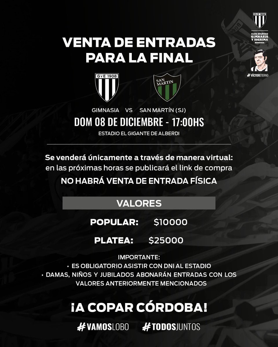 ¡VENTA DE ENTRADAS PARA LA FINAL! ⚽🎟️

➡️Se venderá únicamente a través de manera virtual: En las próximas horas se publicará el link de compra

Todos los detalles en la imagen 🔍

#VamosLobo #TodosJuntos 🖤🤍