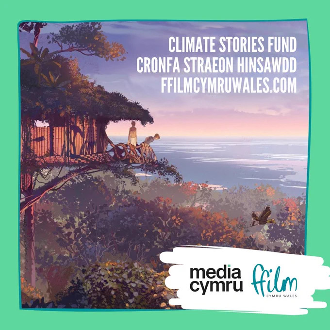 a scenic animation of a tall treehouse in the sky with trees below. The sky is purple, pink and blue and the trees are dark green and brown. There are two people standing at the edge of the treehouse and a bird is flying over the trees. There is a Media Cymru and Ffilm Cymru Wales logo in the bottom right hand corner. Text that reads 'CLIMATE STORIES FUND' in the top right corner.