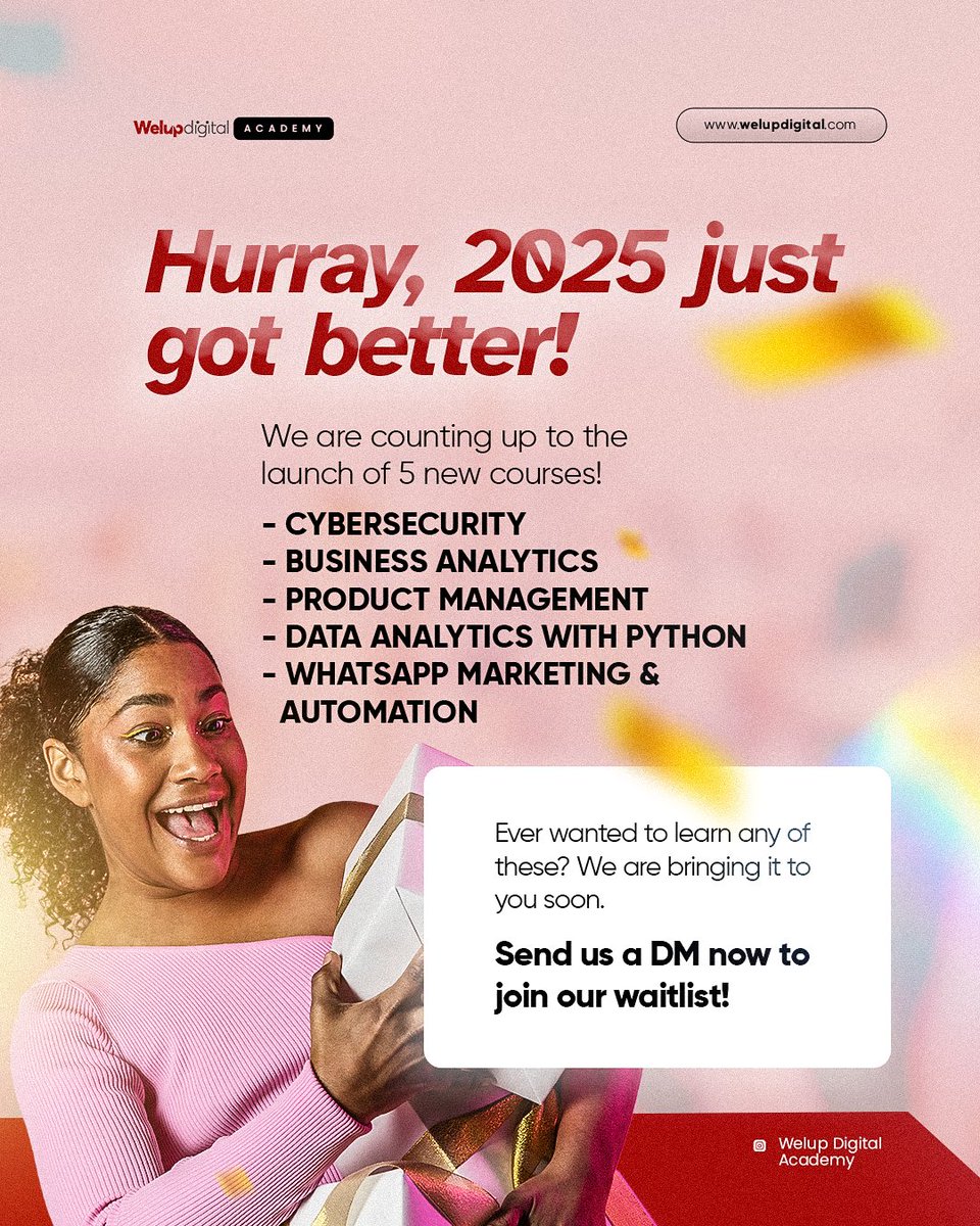 Welup_digital's tweet image. Our boot camps are back with 5 exciting new courses!🎉
Join our waitlist now and secure your spot!
Registrations have officially begun.
And we can't wait to welcome you!🤓
#techskills #cybersecurity #datasciencewithpython #productmanagement #techcourses #techtraining