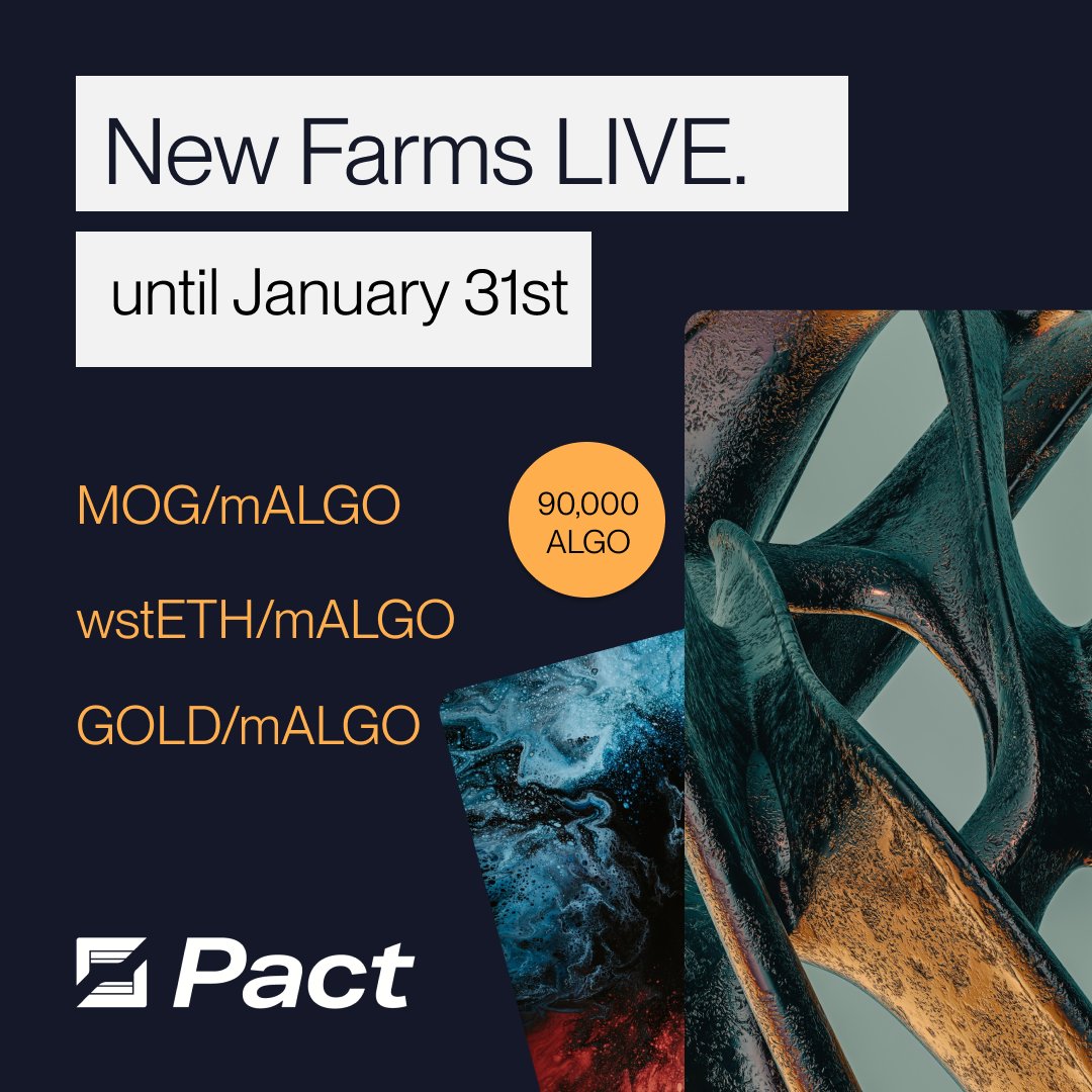 pact_fi's tweet image. It&apos;s staking season #algofam and we have a special treat in collaboration with @meldgold &amp;amp; @MessinaOne ..🧑‍🍳

3 new farms are now LIVE:
$MOG/ $mALGO 
$GOLD/ $mALGO 
$wstETH/ $mALGO 

90,000 $Algo is up for grabs! 

Now until January 31st, 2025.

app.pact.fi/farms