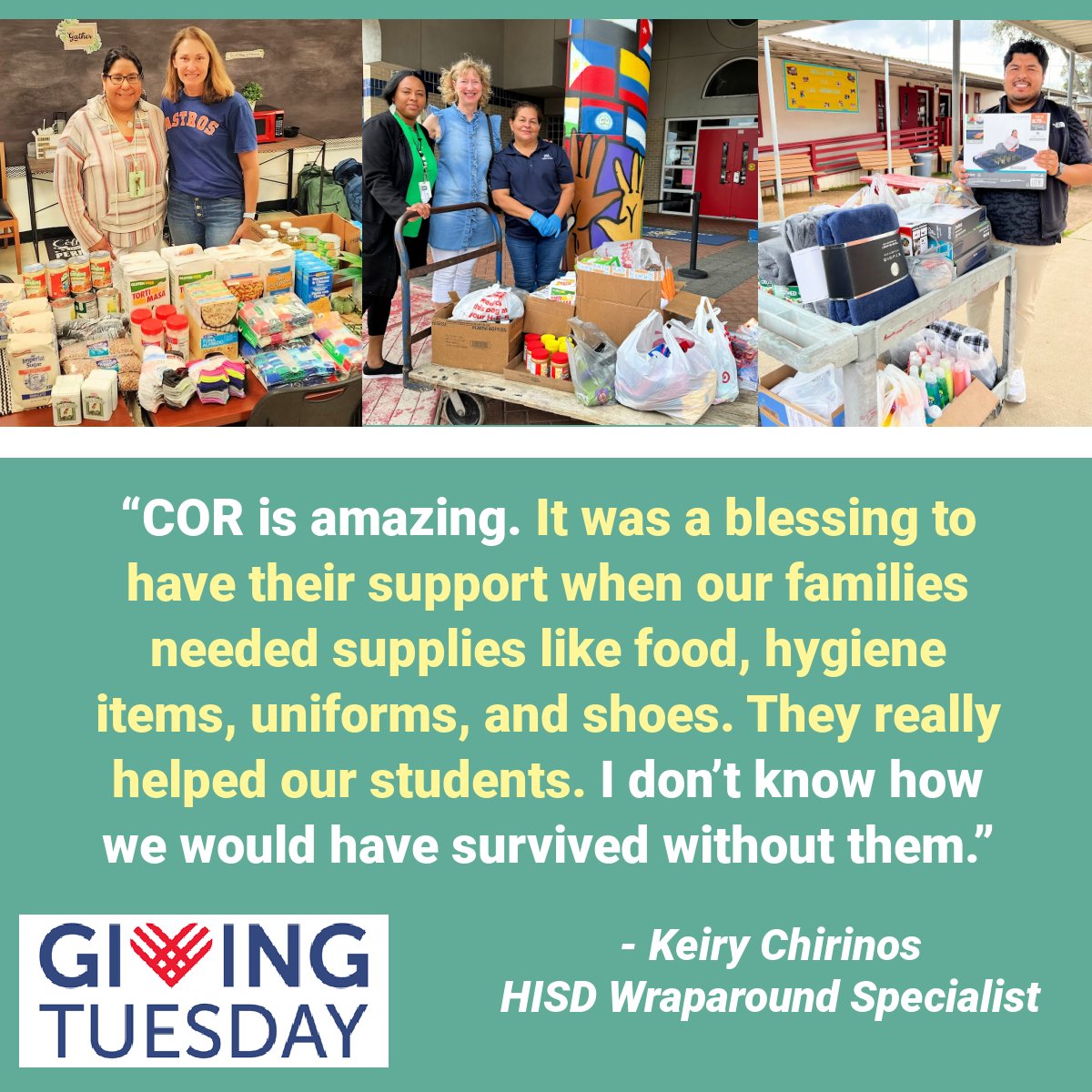 COR has received two generous grants that will MATCH all cash donations (up to $12,500) until the end of January! Please consider making a contribution at CORHouston.org. We carefully use all donated funds to help support high-need Houston ISD students. #GivingTuesday