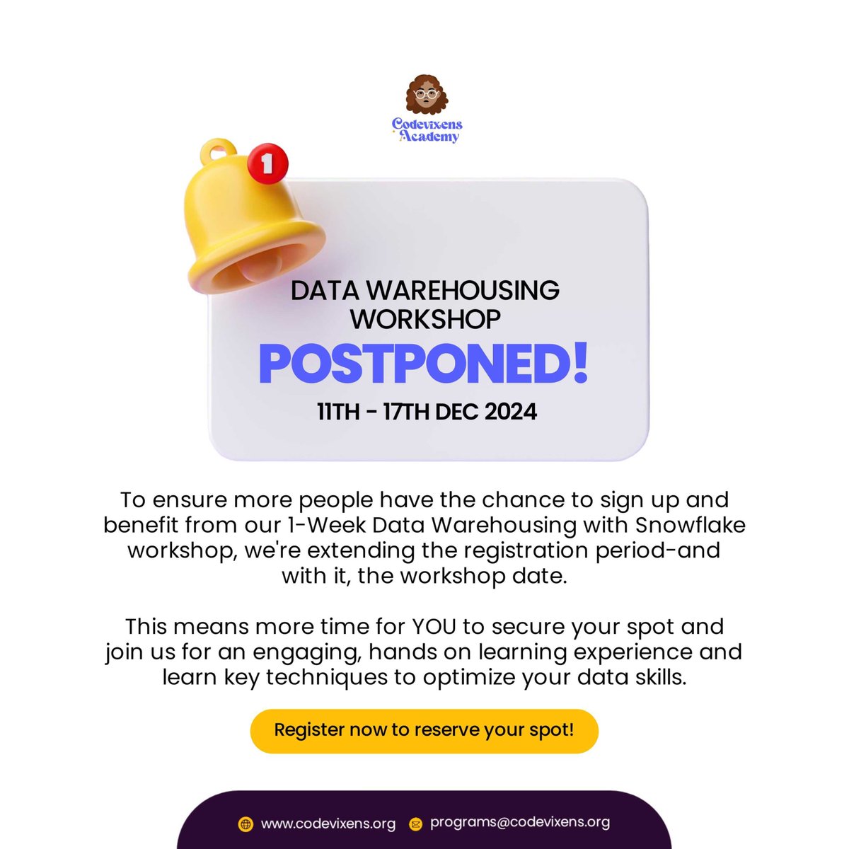 Codevixens's tweet image. Workshop Update: More Time to Register!📆 

We’re extending registration for our 1-week  Data Warehousing with Snowflake workshop.

- New Date: Dec 11–17, 2024
- Location: Online

To learn more about this upcoming technical workshop and to register, visit subscribepage.io/Akkhaw90