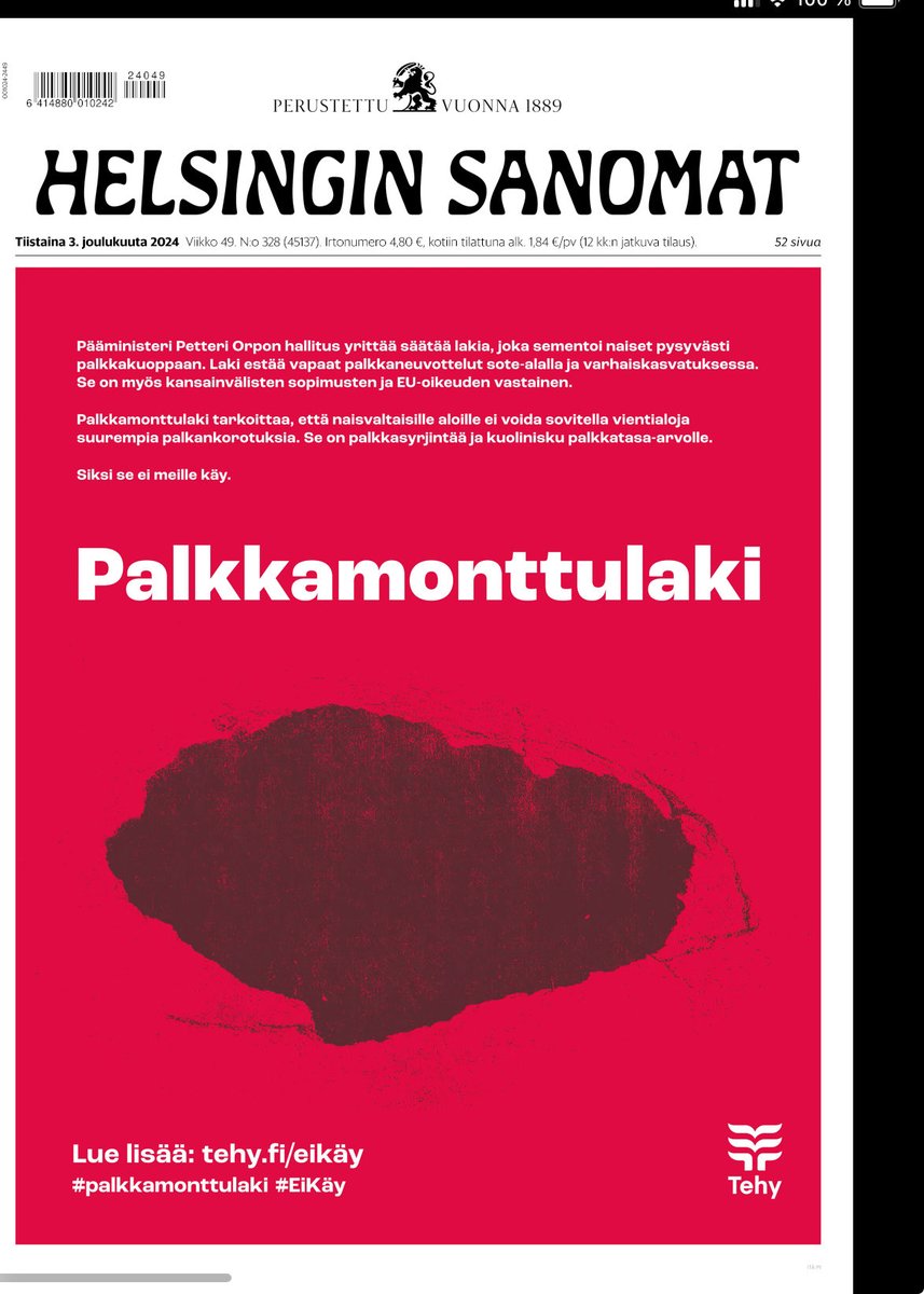 Seurattuani keskusteluja mitä meidän ⁦@Tehy_ry⁩ lehti-ilmoitus on aikaansaanut, en voi todeta kun että ”totuuden katsominen silmiin näyttää koskettavan”

Palkkatasa-arvo kuuluu kaikille, eikä sitä voi lykätä tai lakaista maton alle piiloon
#eikäy #palkkamonttulaki