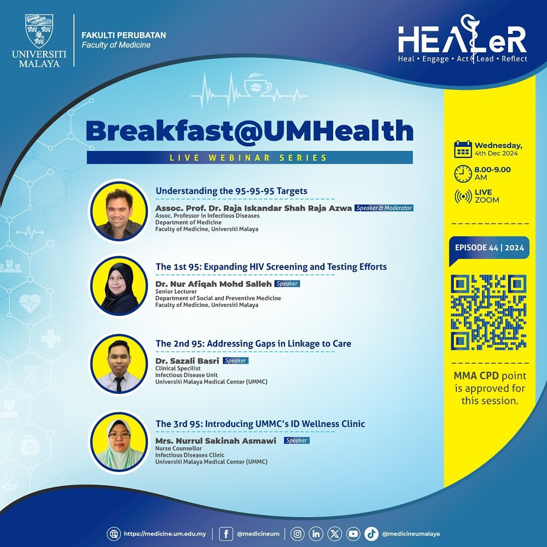 myprevention_'s tweet photo. 🌟 Join us for an engaging session of Breakfast@UMHealth! 🌟  

🍽️ Dive into the 95-95-95 Targets and explore the path toward ending HIV with insightful discussions led by renowned experts.  

����️ Date: Wednesday, 4th December 2024  
⏰ Time: 8:00 - 9:00 AM  
📍 Where: Live on Zoom  

🎤 Topics include:  
- Understanding the 95-95-95 Targets  
- Expanding HIV Screening and Testing Efforts  
- Addressing Gaps in Linkage to Care  
- Introducing UMMC’s ID Wellness Clinic  

🔗 Secure your spot now by scanning the QR code or visiting [https://t.co/GHVnUPbdKI](https://t.co/GHVnUPbdKI).  

💡 MMA CPD points approved for this session. Let’s heal, engage, act, lead, and reflect together! #UMHealth #Webinar #HIVAwareness #rethinkprevention #PrEP