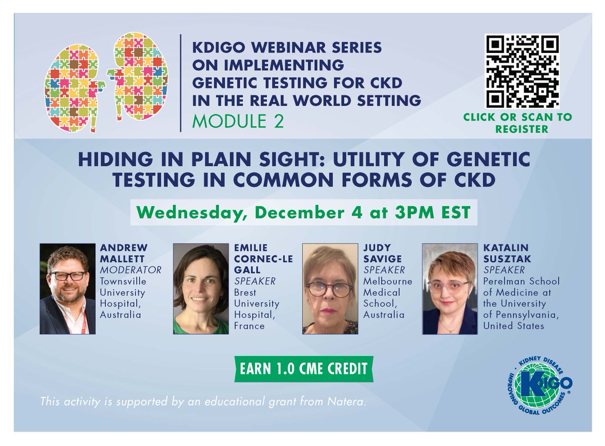 KDIGO (@gokdigo) on Twitter photo There is still time to register for "Hiding in Plain Sight: The Utility of Genetic Testing in Common Forms of CKD" on Wednesday, December 4, at 3:00 PM EST.
Register: kdigo.co/Module-2-Genet…
In this CME-accredited session, <a href="/AndrewMallett8/">Prof Andrew Mallett</a>, <a href="/ecorneclegall/">Emilie Cornec-Le Gall</a>, Judy Savige, and There is still time to register for "Hiding in Plain Sight: The Utility of Genetic Testing in Common Forms of CKD" on Wednesday, December 4, at 3:00 PM EST.
Register: kdigo.co/Module-2-Genet…
In this CME-accredited session, <a href="/AndrewMallett8/">Prof Andrew Mallett</a>, <a href="/ecorneclegall/">Emilie Cornec-Le Gall</a>, Judy Savige, and