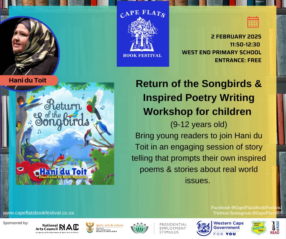 Cape Flats Book Festival (@capeflatsbf) on Twitter photo Storytelling and poetry workshop for children by <a href="/HaniduToit/">Hani du Toit</a> on 2 February 2025 at West End Primary School. All are welcome! Free! #capeflatsbf2025 #free #workshop #children #book #author Storytelling and poetry workshop for children by <a href="/HaniduToit/">Hani du Toit</a> on 2 February 2025 at West End Primary School. All are welcome! Free! #capeflatsbf2025 #free #workshop #children #book #author