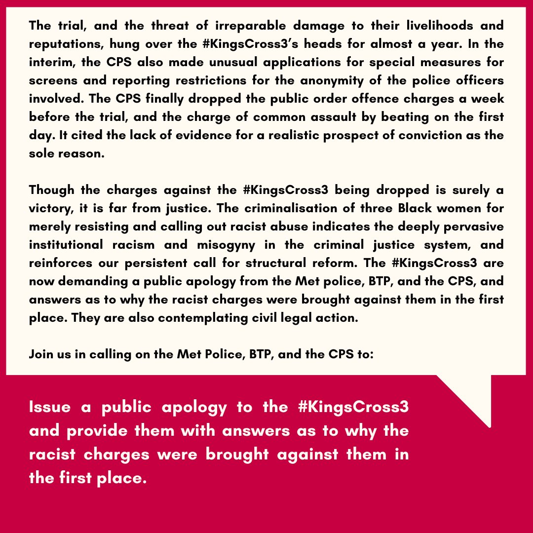 This #16DaysOfActivism, join us in our #FightForChange by supporting the #KingsCross3 in calling for a public apology and answers from the Met police, BTP, and the CPS in relation to the racist charges imposed on them for resisting and calling out racist abuse. 1/3