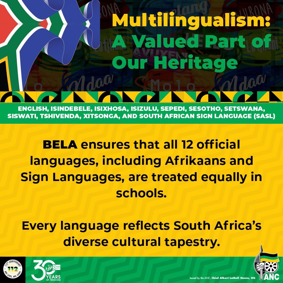 MbalulaFikile's tweet photo. The ANC welcomes the Basic Education Laws Amendment Act of 2024 as a milestone in transforming South Africa's education system.
BELA ensures that all 12 official languages, including Afrikaans and Sign Languages, are treated equally in schools.
#OpenTheDoorsOfLearningToAll
#LetsDoMoreTogether