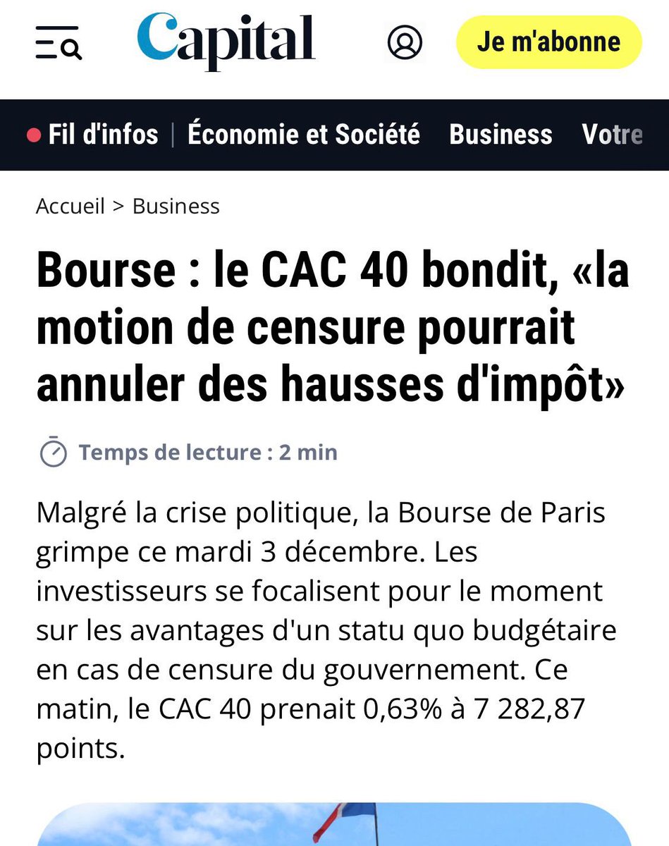 Les fake news sur un prétendu chaos financier en cas de censure  ne sont que de la poudre de perlimpinpin ! 

Des éléments de langage de ministres en détresse.

La réalité est tout autre : les marchés saluent l'abandon d'un budget socialiste aux 40 milliards d'impôts ! 

Rendre