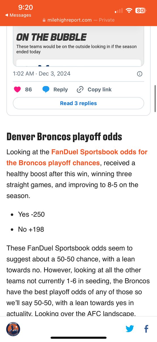 rainman_locks's tweet photo. @MileHighReport It’s shameful a news organization can’t really even read sportsbook odds correctly. -250 means favored, not the opposite. You composed your entire article around the fact that the book are against you guys making the playoffs, when it’s the opposite. Please hire compent people. https://t.co/D4lnCh6glY