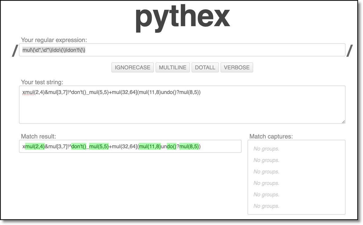 I've completed "Mull It Over" - Day 3 - Advent of Code 2024 adventofcode.com/2024/day/3 #AdventOfCode 

Easy to find the right regex using

pythex.org

My code, github.com/movinalot/AoC/…