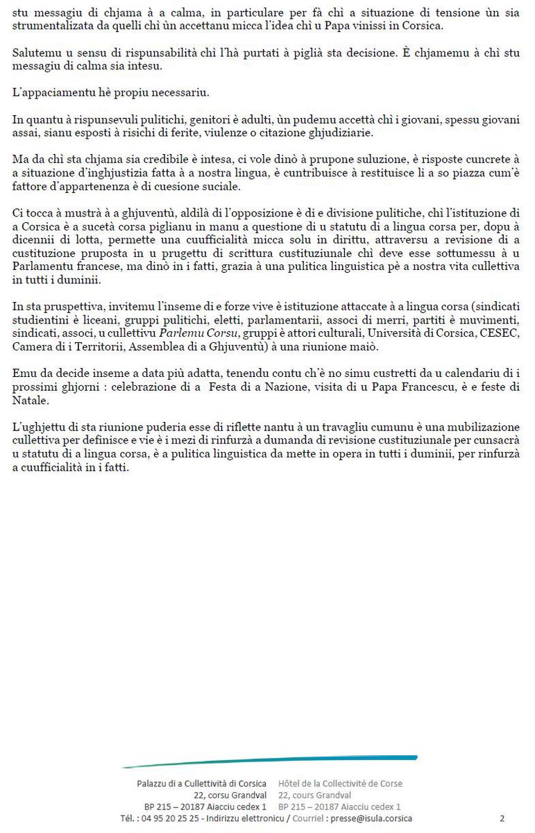 Gilles_Simeoni's tweet photo. Lingua corsa, lingua ufficiale !

Cumunicatu cumunu di u Presidente di u Cunsigliu esecutivu di Corsica è di a Presidente di l’Assemblea di Corsica ⤵️

@IsulaCorsica @AssembleeCorse https://t.co/THNOUecRGt