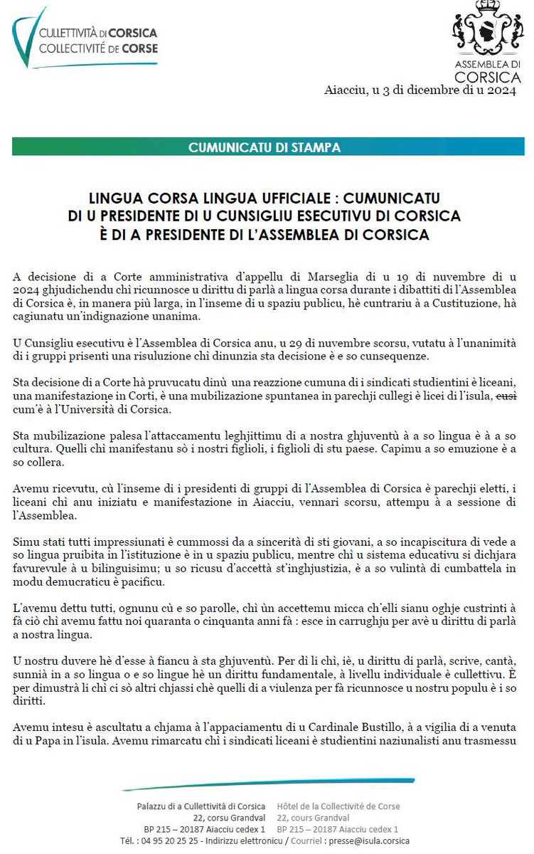 Gilles_Simeoni's tweet photo. Lingua corsa, lingua ufficiale !

Cumunicatu cumunu di u Presidente di u Cunsigliu esecutivu di Corsica è di a Presidente di l’Assemblea di Corsica ⤵️

@IsulaCorsica @AssembleeCorse https://t.co/THNOUecRGt