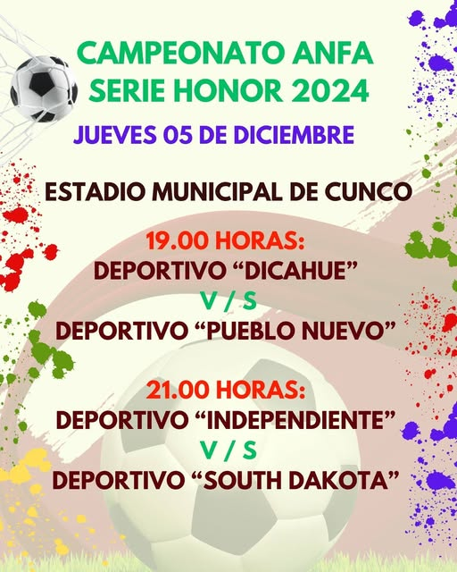 MunideCunco's tweet photo. PROGRAMACION ANFA CUNCO
CAMPEONATO SERIE HONOR 2024

JUEVES 05 DE DICIEMBRE
ESTADIO MUNICIPAL "ROBERTO ECHEVERRIA"

19.00 HORAS:
DICAHUE V/S PUEBLO NUEVO

21.00 HORAS:
INDEPENDIENTE V/S SOUTH DAKOTA

#CuncoUnaMejorComuna https://t.co/akShm62G70