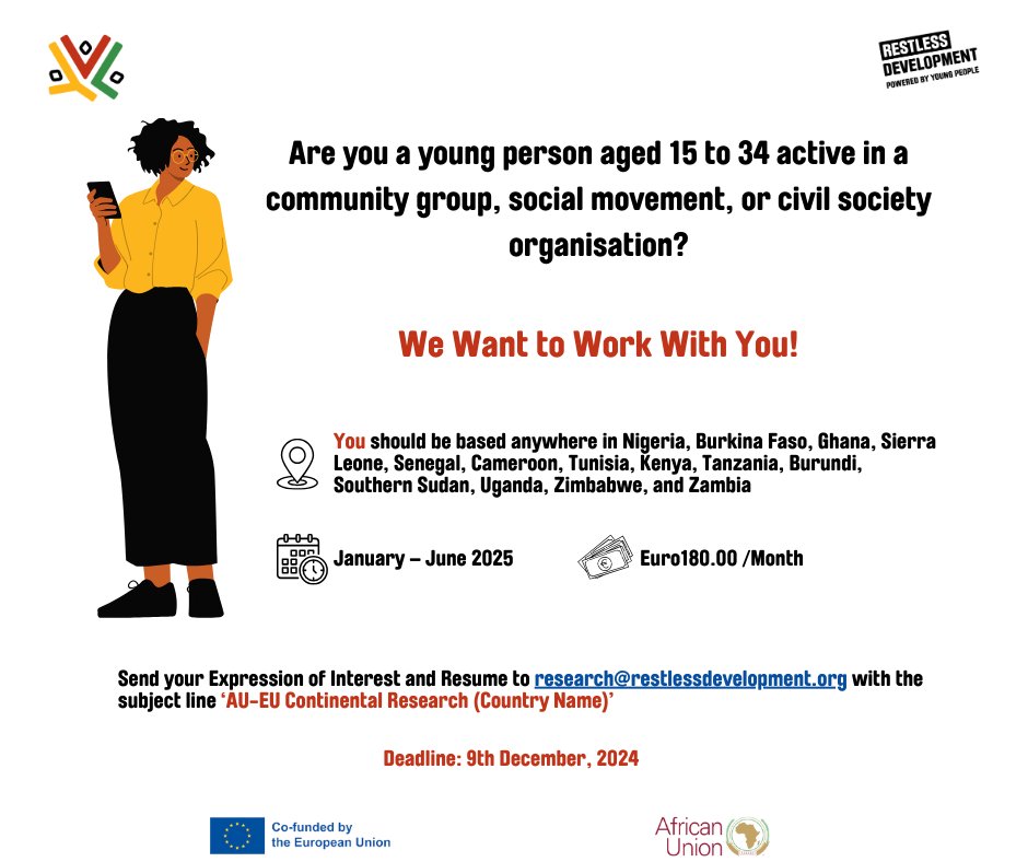 Are you a young person aged 15 to 34 active in a community group, social movement, or civil society organisation?

Click here for details 👉🏿 restlessdevelopment.org/opportunities-…

The deadline for applications is 9 December 2024.

#Opportunity #AUEUYouthVoicesLab #AUEU