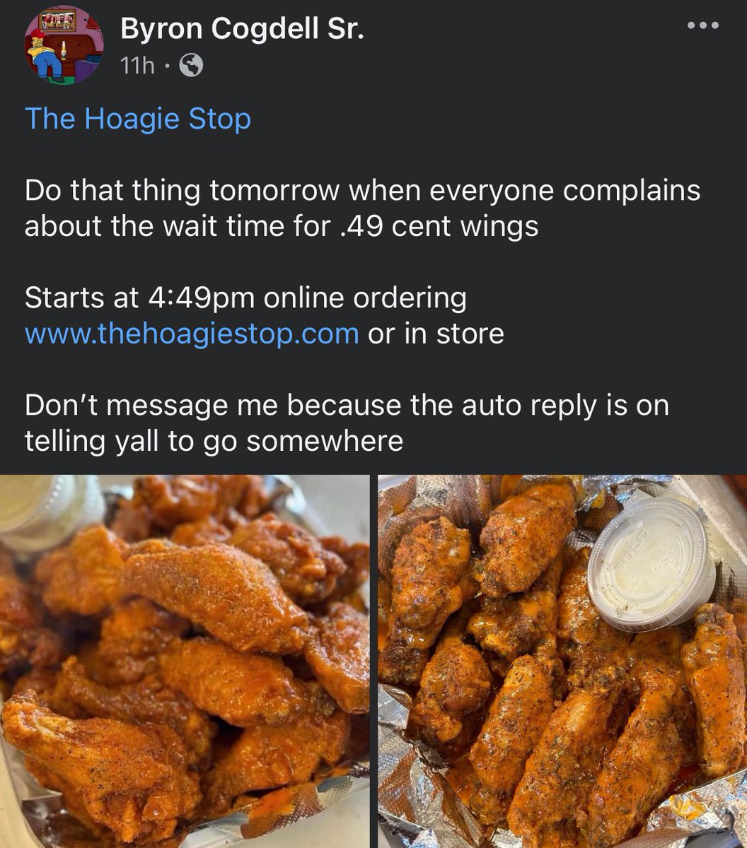 WingReviewz's tweet photo. The Bills are doing godโs work on taking down #BigWing โฆ
Owner of The Hoagie Stop bet the city the 49ers would win or heโd sell 49 cent wings until close at Tuesday
Seems like we got another review to do๐ค https://t.co/djRLjhYYaz