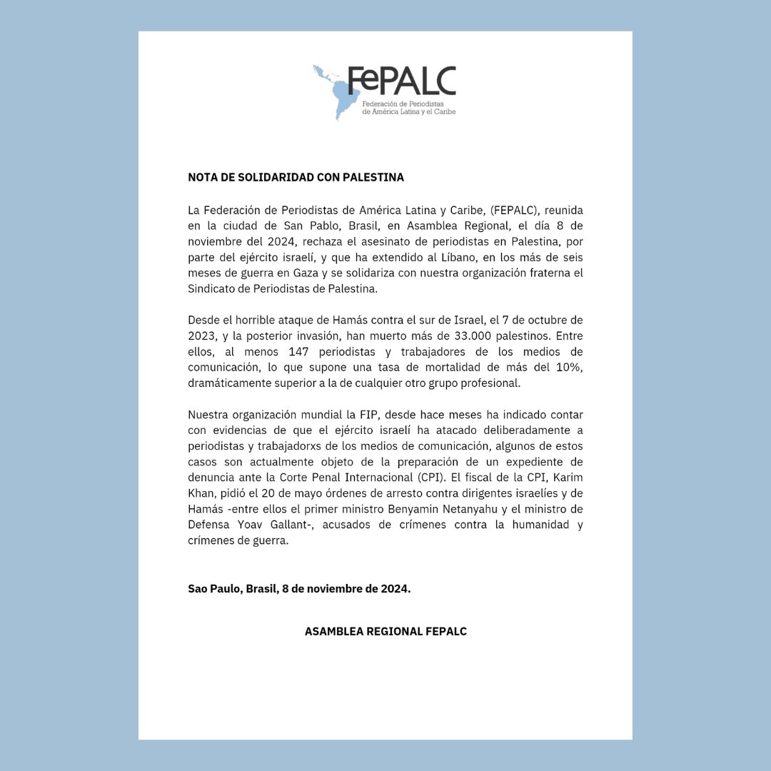 SOLIDARIDAD CON LXS TRABAJADORXS DE PRENSA DE ARGENTINA, HAITÍ Y PALESTINA

Compartimos las expresiones de solidaridad con lxs periodistas y trabajadorxs de medios debatidas y aprobadas en el Encuentro y Asamblea 2024 de FEPALC.