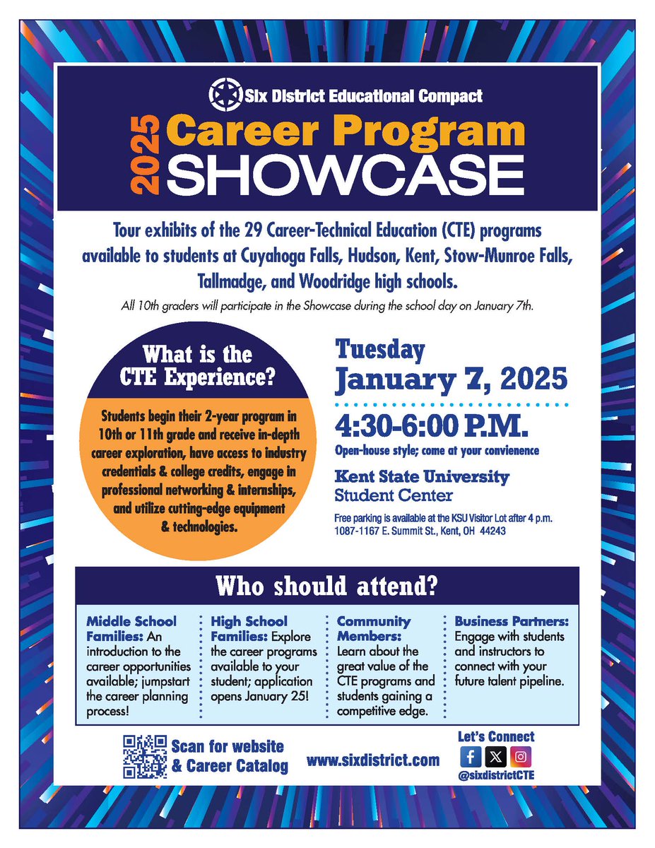 Six District Educational Compact (@sixdistrictcte) on Twitter photo 📢Attention Middle & High School Families! Community Members! Business Leaders! 📢
Please join us on Jan. 7 between 4:30-6 p.m. at the Career Program Showcase at @kentstate to tour the exhibits of the 29 Career-Technical Education programs within the <a href="/sixdistrictCTE/">Six District Educational Compact</a> . 📢Attention Middle & High School Families! Community Members! Business Leaders! 📢
Please join us on Jan. 7 between 4:30-6 p.m. at the Career Program Showcase at @kentstate to tour the exhibits of the 29 Career-Technical Education programs within the <a href="/sixdistrictCTE/">Six District Educational Compact</a> .