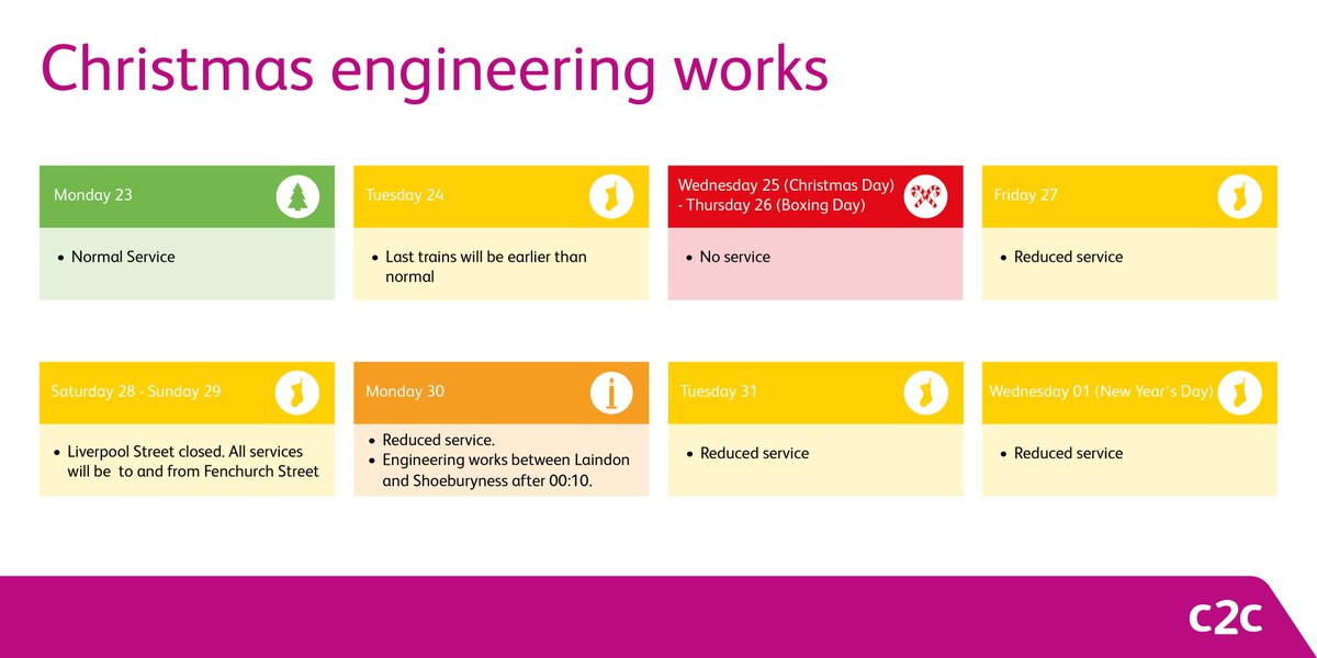 c2c_Rail's tweet photo. Travelling over the festive period? Engineering works may affect your journey. Please check before you travel: https://t.co/vbComlGK7t https://t.co/EolsAgB33i