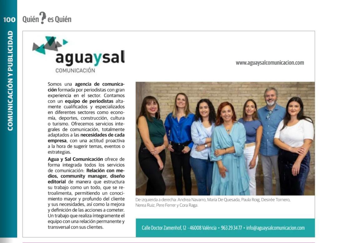 AguaySalComunicación (@aguaysalcomunic) on Twitter photo ✨ El equipo de Agua y Sal en el especial "Quién es quién en la economía valenciana" de <a href="/lasprovincias/">LAS PROVINCIAS</a> ✨
Estamos emocionadas de formar parte de este especial, un reconocimiento que pone en valor nuestro esfuerzo, dedicación y compromiso con cada paso que damos. 💼 ✨ El equipo de Agua y Sal en el especial "Quién es quién en la economía valenciana" de <a href="/lasprovincias/">LAS PROVINCIAS</a> ✨
Estamos emocionadas de formar parte de este especial, un reconocimiento que pone en valor nuestro esfuerzo, dedicación y compromiso con cada paso que damos. 💼