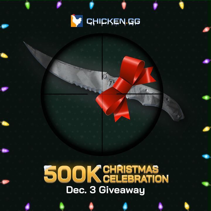 we promised big prizes during our 500K Christmas Celebration, and we weren’t kidding

today we’re giving out a Falchion Knife | Urban Masked skin ($171.95 USD value) 

to enter:

1️⃣ follow <a href="/chickendotgg/">Chicken.GG</a> 

2️⃣ rt and like this tweet 

3️⃣ reply with your username