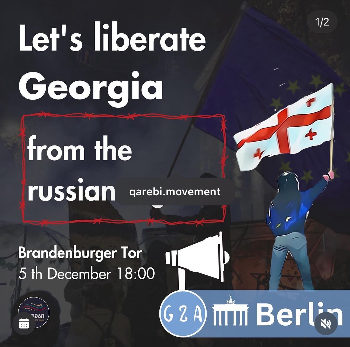 Freiheit und Demokratie für Georgien! Europa statt Russifizierung. Wir zeigen Flagge und bekunden Solidarität mit unseren georgischen Freundinnen und Freunden. 

Seid mit dabei!
Donnerstag, 5. Dezember 
18 Uhr 
Brandenburger Tor, Berlin 

🇪🇺🇬🇪❤️