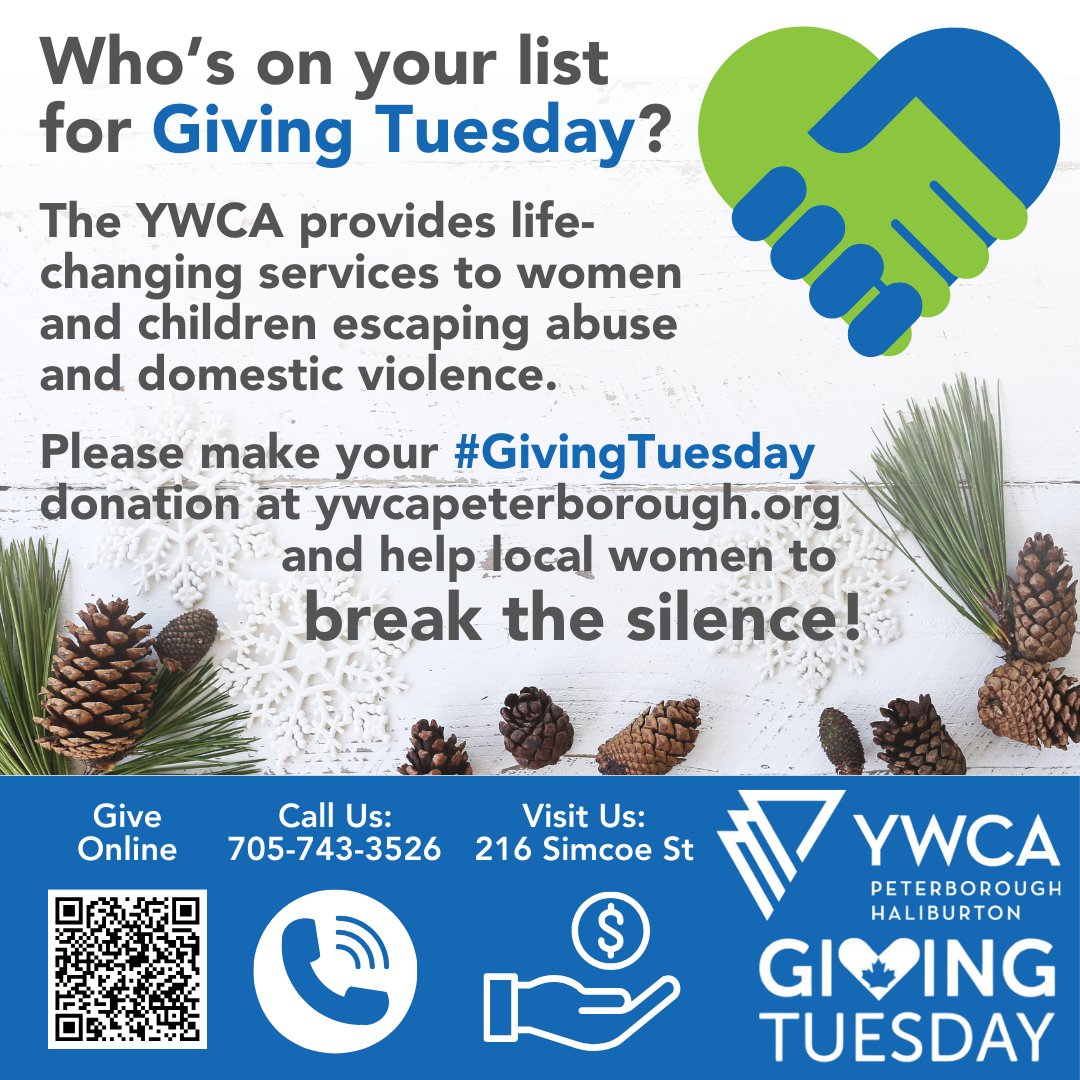 Who's on your list for #GivingTuesday?
We provide life-changing services to women and children escaping abuse. Please give and help local women break the silence!
💙 Haliburton: weblink.donorperfect.com/YWCAHaliburton…
💚 Peterborough: weblink.donorperfect.com/ywcapeterborou…
#GivingTuesdayCA #EndGBV #VAW #16Days