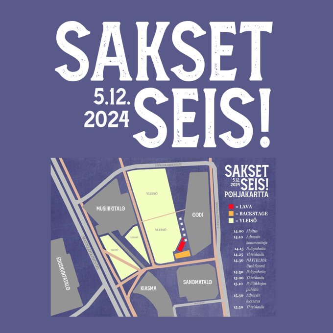 Hätähuuto taiteen ja kulttuurin puolesta! Kutsumme kaikki taiteen ja kulttuurin ystävät TO 5.12. klo 14-16 Kansalaistorille. Katso ohjelma saksetseis.fi ja ota valo mukaan. Allekirjoita #Kulttuuriadressi #Saksetseis