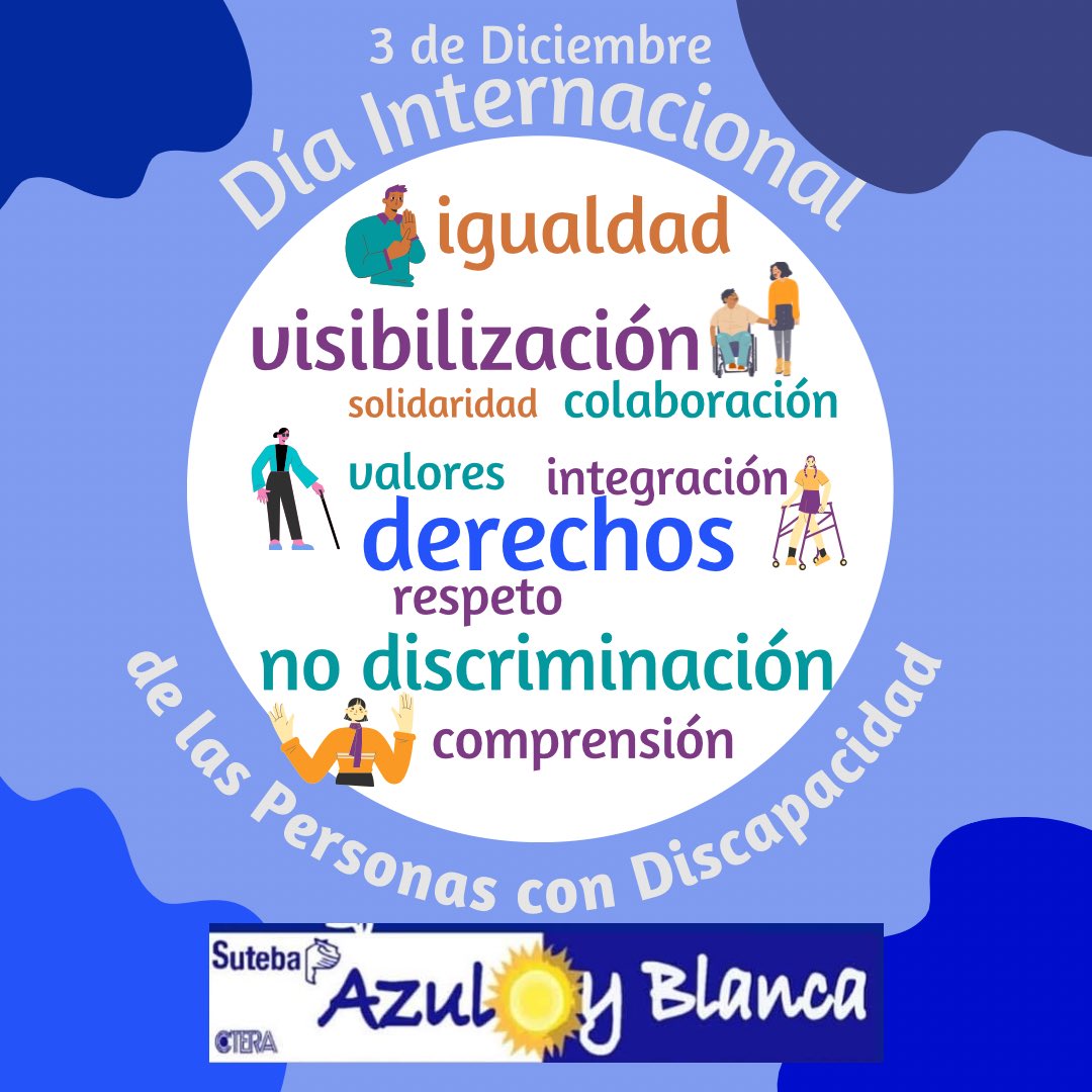QSuteba's tweet photo. 🔷DÍA INTERNACIONAL DE LAS PERSONAS CON DISCAPACIDAD 
🔷EN UN AÑO DONDE LAS POLÍTICAS HAN SIDO MUY DESFAVORABLES, DONDE LOS DEJAN DESPROTEGIDOS Y SIN RECURSOS
🔹QUE NOS PODAMOS UNIR EN LA LUCHA DE CADA DERECHO CONQUISTADO!!! NI UN DERECHO MENOS!!!
🟦 AZUL Y BLANCA DE SUTEBA https://t.co/wIniefrCsw