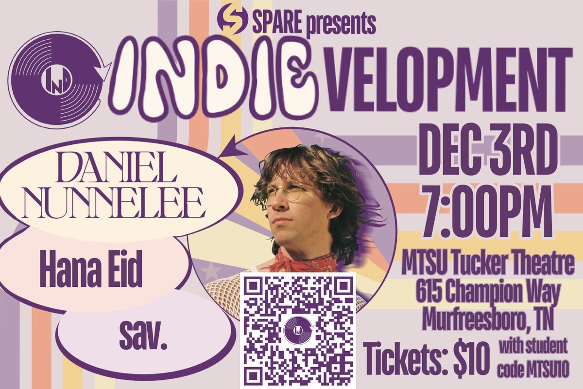 INDIEvelopment is tonight, Dec. 3 at 7 p.m.! Don't miss this incredible night of indie music featuring headliner <a href="/danielnunnelee/">Daniel Nunnelee</a> with opening acts Hana Eid and sav. Buy your tickets here: bit.ly/mtindievelopme… #indiemusic #mtsu #trueBLUE