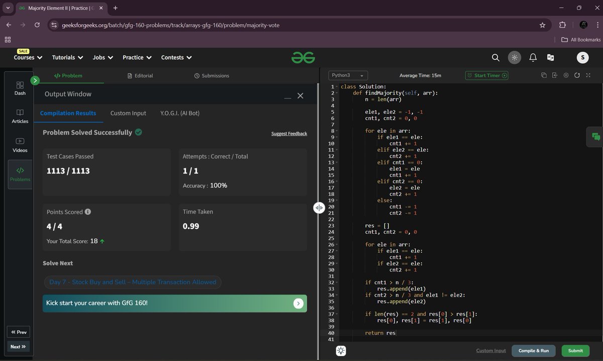 sohannaskar1323's tweet image. - 6/160 Done. - 03/12/2024 Day 6: Majority Element II - Python  #gfg160 #geekstreak2024GeeksforGeeks - 160 days DSA challenge@geeksforgeeks