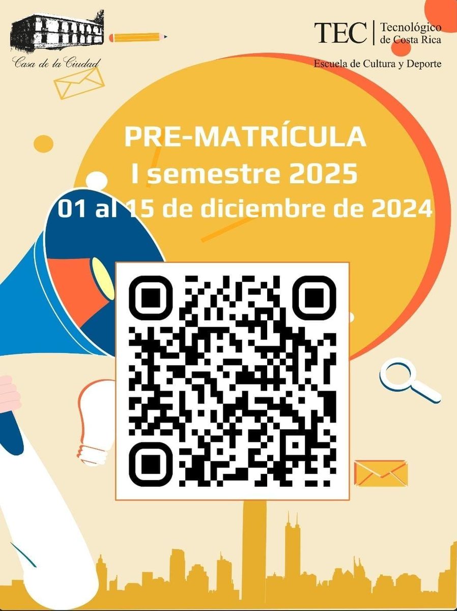 📢 ¡Pre-matrícula abierta del 01 al 15 de diciembre para el I Semestre 2025!
🗓 Inicio de lecciones: 01 de febrero de 2025.
Matrícula en línea 👉🏻 tienda.fundatec.ac.cr/cursos
o en el QR de la imagen adjunta.

#CursosArtísticos2024 #CasaDeLaCiudad #FUNDATEC #SelloTEC