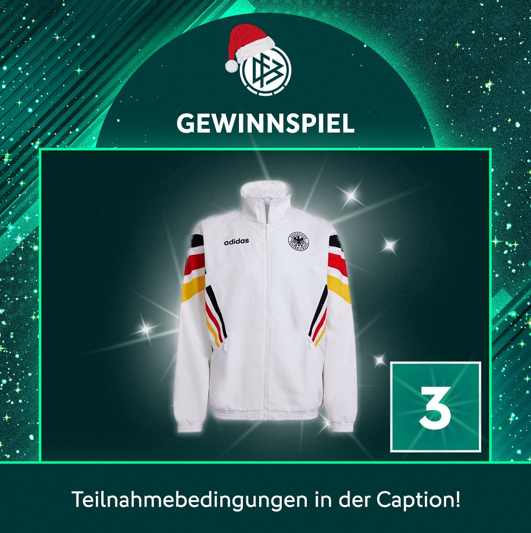 Türchen 3🎅 

Gewinne eine von fünf DFB 1996 Woven Trainingsjacken 🎉

So einfach nimmst du teil:👀
1. Folge <a href="/DFB_eSports/">DFB-eSports</a>!
2. Likt den Beitrag! 
3. Kommentiert mit "Retro"! 
4. Repostet diesen Beitrag!

Das Gewinnspiel endet am 9.12.2024, um 23:59 Uhr. Der/Die Gewinner/in wird