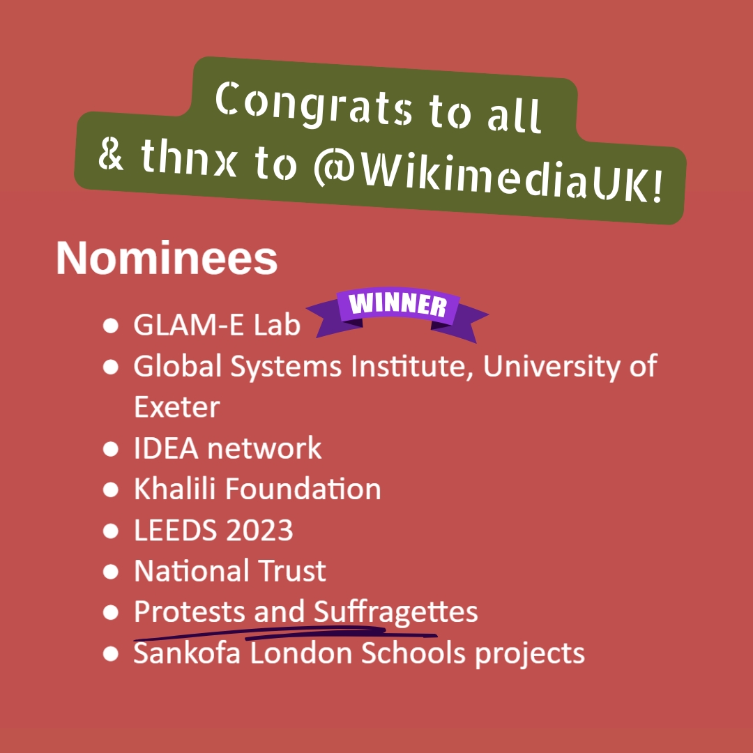 ScotSuffragette's tweet photo. 🤩We're big FANZ of #Wikipedia – we think everyone shld try editing as a form of #KnowledgeActivism. 

So we were *super-chuffed* 2b nominated for @wikimediauk Partnership of the Year award for our 'Glasgow Herstory' project 

👏Well done to winner, GLAM-E Lab &amp; all nominees!
1/ https://t.co/D9eRMWLLzh