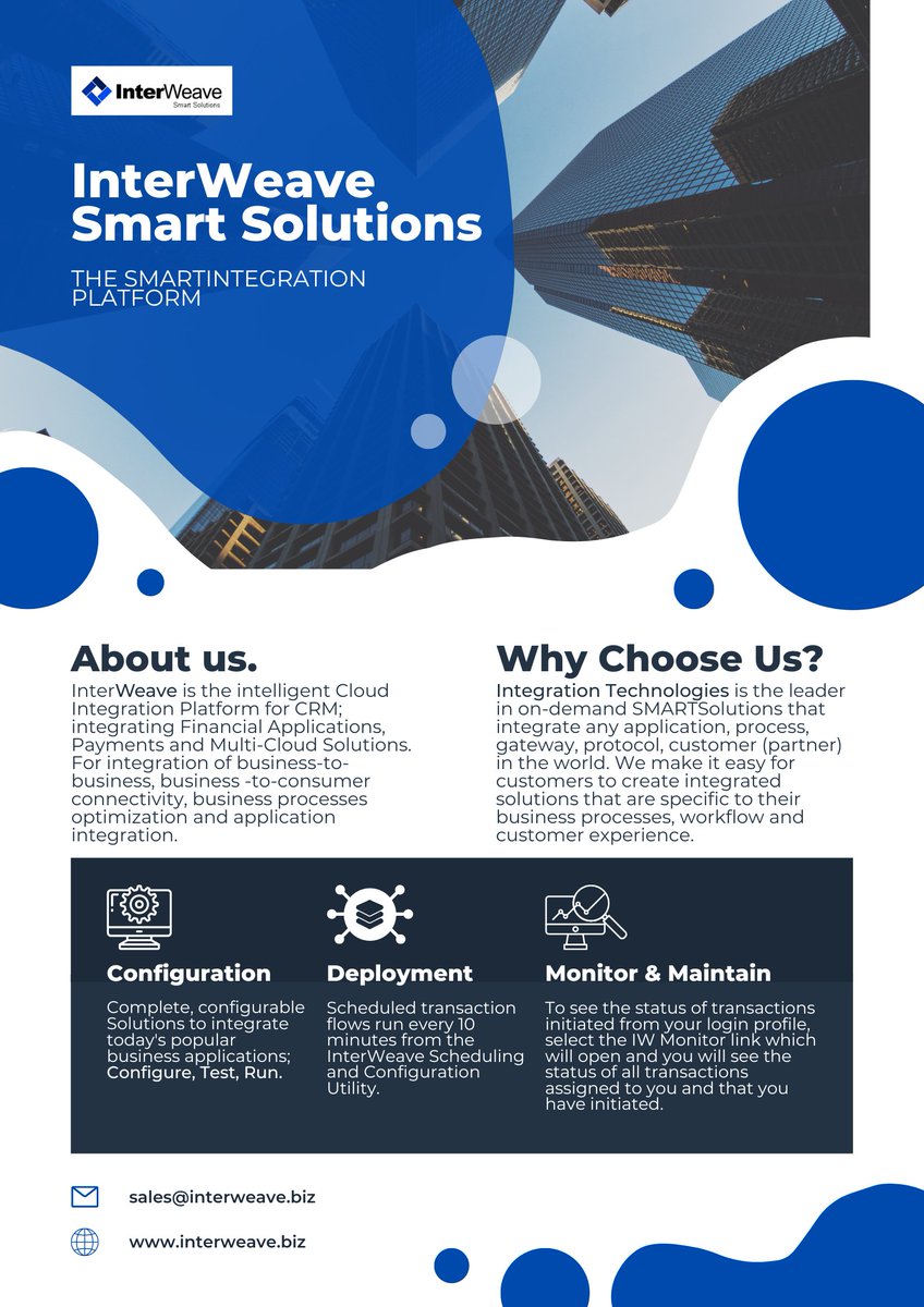 InterWeave1's tweet image. InterWeave SmartSolutions - The SmartIntegration Platform for  CRM
#InterWeave #SmartSolutions #CRM #integration