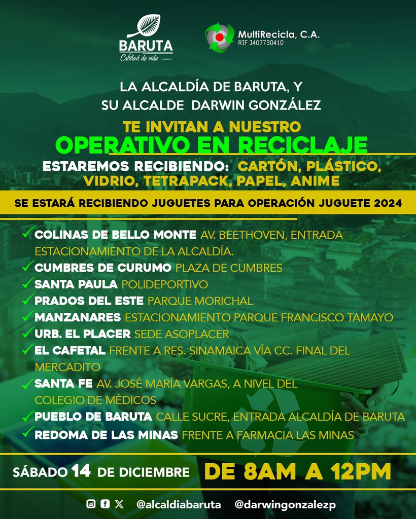 AlcaldiaBaruta's tweet photo. ¡Operativo de #Reciclaje!♻️

La #AlcaldíaDeBaruta junto a su alcalde, @darwingonzalezp, estarán recibiendo:

📌Cartón 
📌Plástico
📌Vidrio
📌Tetrapack
📌Papel 
📌 Anime

🗓️Sábado, 14 de diciembre
⏰8:00 a.m. a 12 p.m.
 📍Conoce los puntos en la imagen.

¡Los esperamos! 🍃 https://t.co/WULyXwaY40
